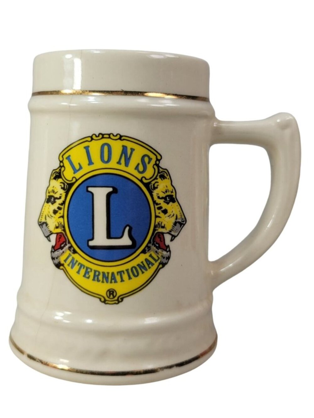 Lions International Tankard Stein Cream Mug Ceramic 22K Gold Trim Logo USA READ